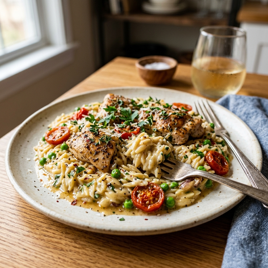 Creamy Boursin chicken orzo in a skillet with melted garlic and herb cheese, baby spinach, and tender chicken pieces