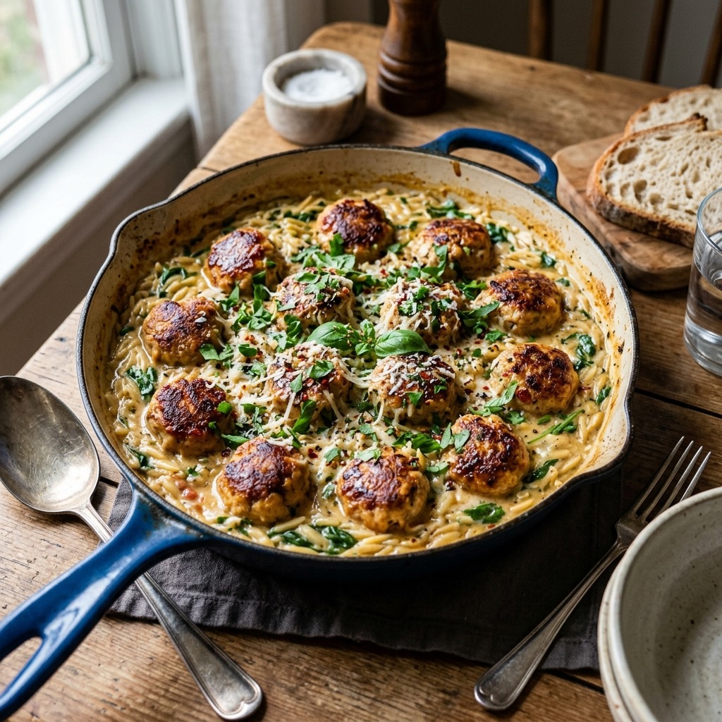 One-pan chicken meatballs and orzo in a skillet with browned juicy meatballs, creamy orzo pasta, wilted spinach, and Parmesan