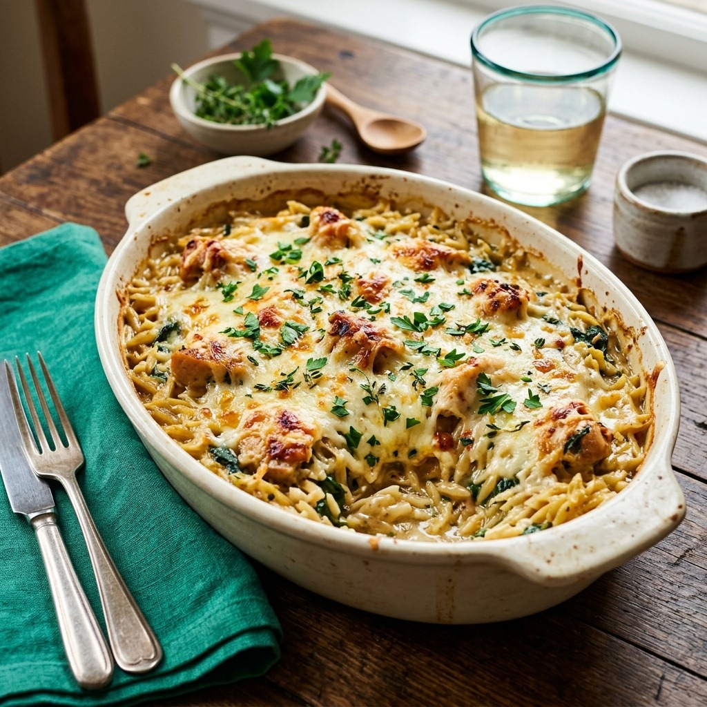 Creamy chicken orzo bake in a casserole dish with cherry tomatoes, spinach, melted mozzarella, and Parmesan on top
