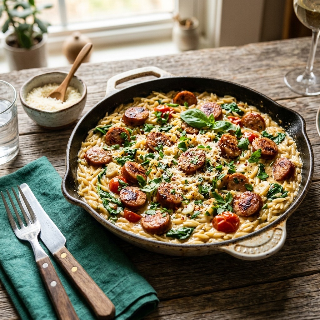 Chicken sausage orzo skillet with browned sausage rounds, creamy orzo, wilted spinach, and grated Parmesan in a cast iron pan
