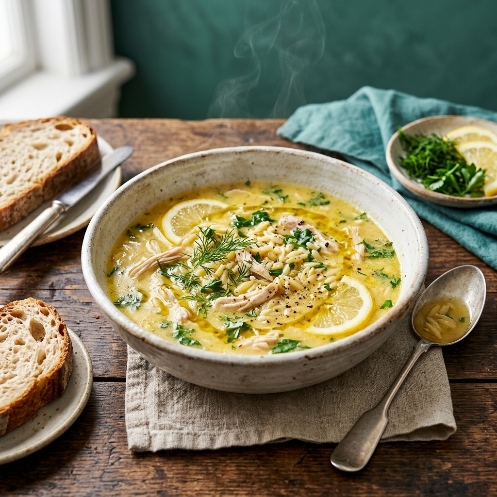 Greek lemon chicken orzo soup (Avgolemono) in a bowl with shredded chicken, orzo pasta, silky egg-lemon broth, and fresh dill garnish