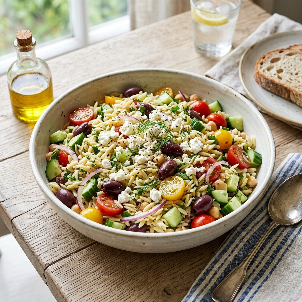 Greek orzo salad with feta, kalamata olives, cucumber, cherry tomatoes, red onion, and lemon-oregano dressing