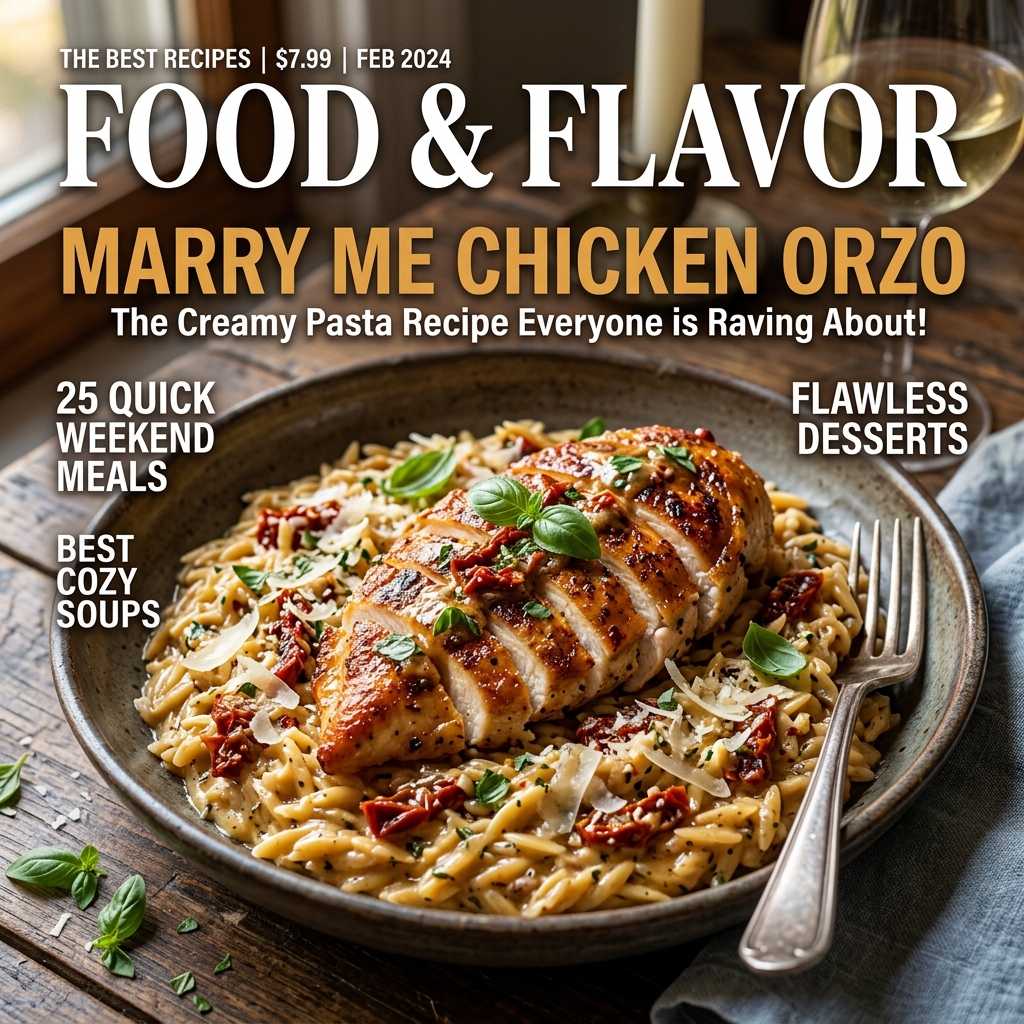 Creamy Marry Me Chicken Orzo in a skillet with sun-dried tomatoes, fresh spinach, Parmesan cheese, and basil garnish