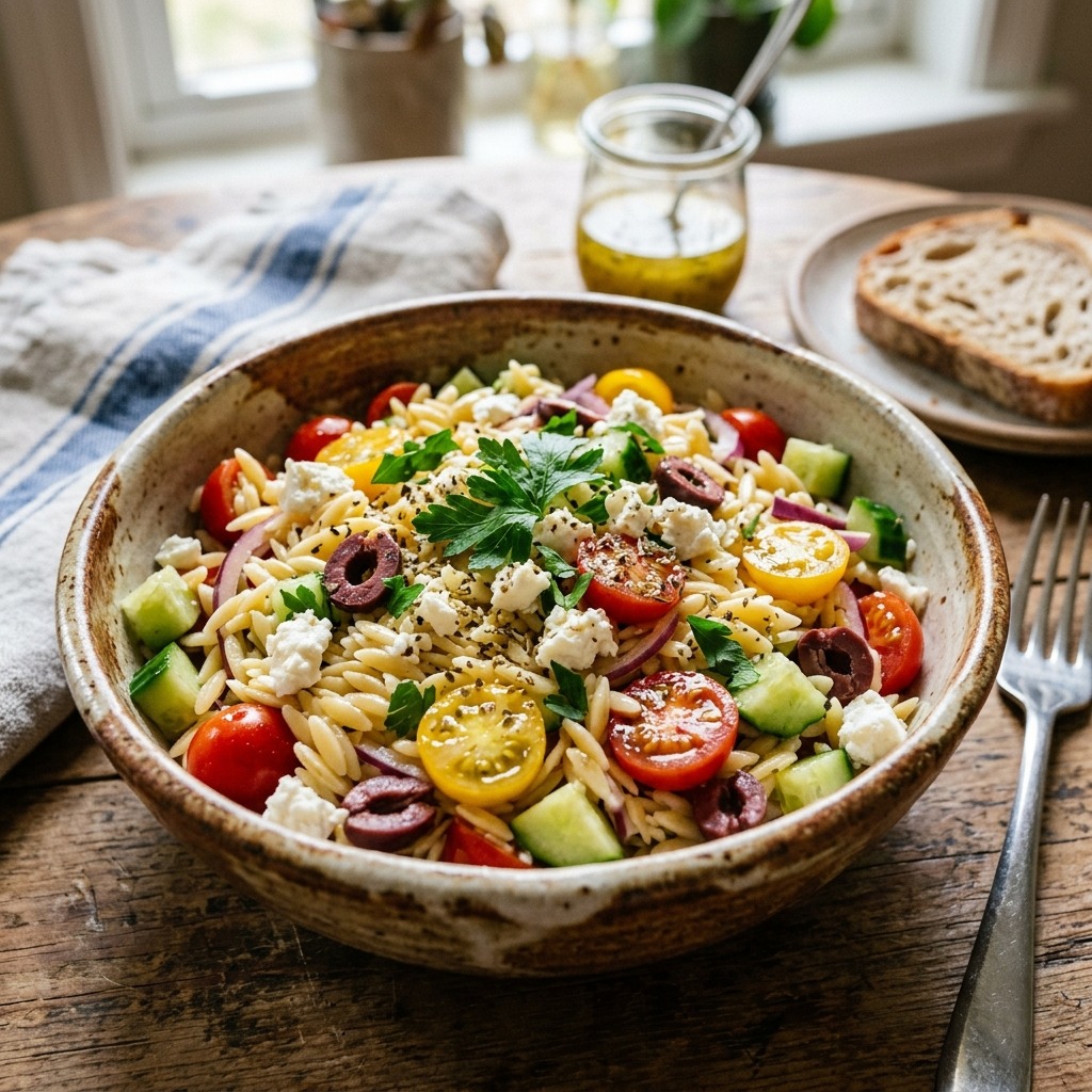 Mediterranean orzo salad with kalamata olives, feta, cherry tomatoes, cucumber, red onion, and lemon-garlic vinaigrette