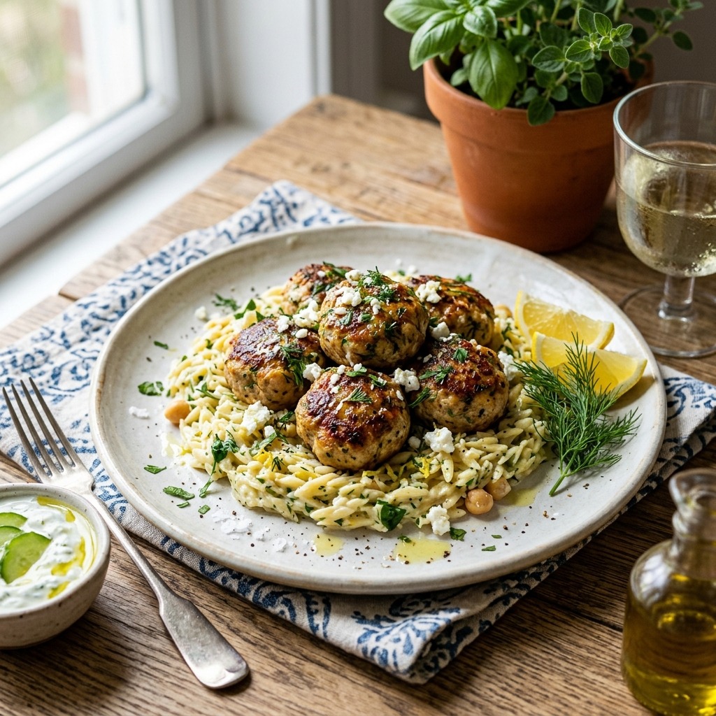 Greek chicken meatballs with feta over creamy lemon orzo, garnished with fresh dill and lemon zest