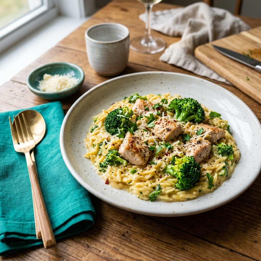 Creamy chicken broccoli orzo in a skillet with melted cheddar, parmesan, tender chicken, and bright green broccoli florets