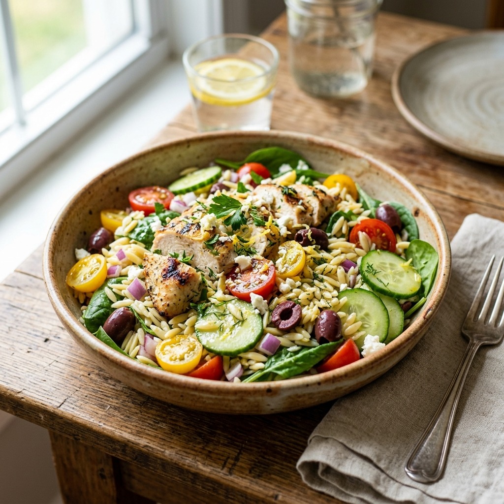Chicken orzo pasta salad in a bowl with tender diced chicken, al dente orzo, cherry tomatoes, cucumber, fresh herbs, and lemon vinaigrette