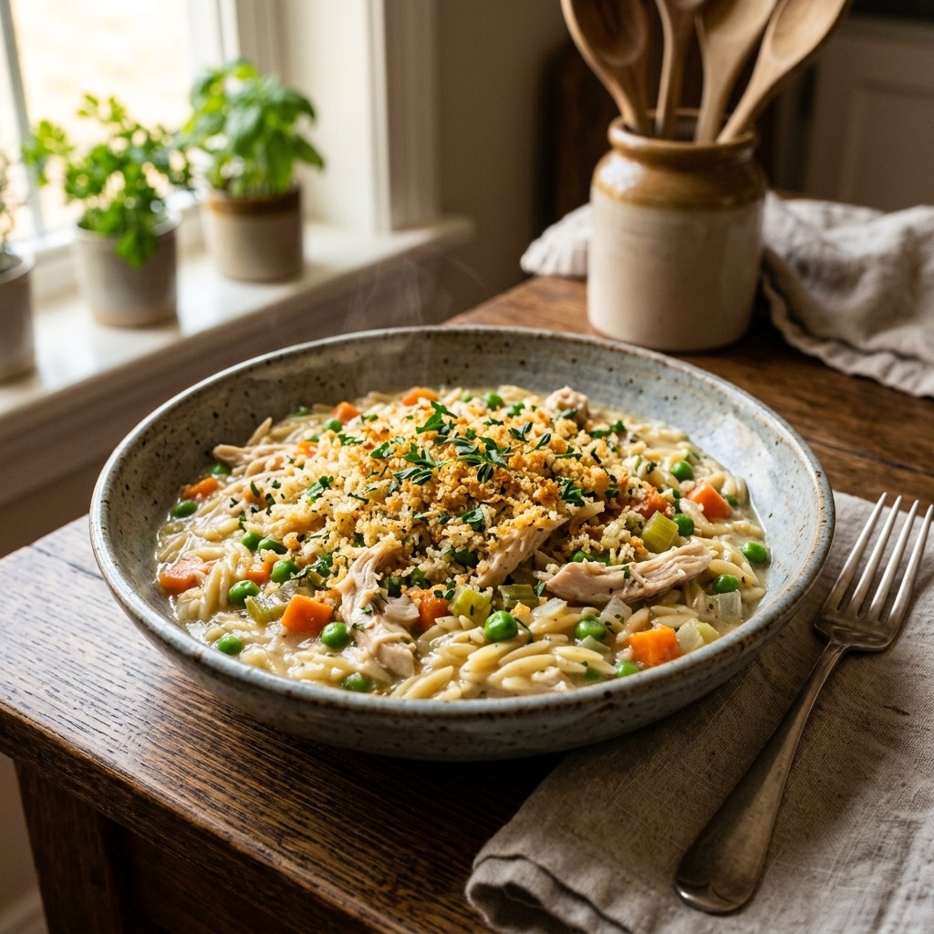 Creamy chicken pot pie orzo in a skillet with tender chicken, carrots, celery, peas, and herbs in a silky creamy broth