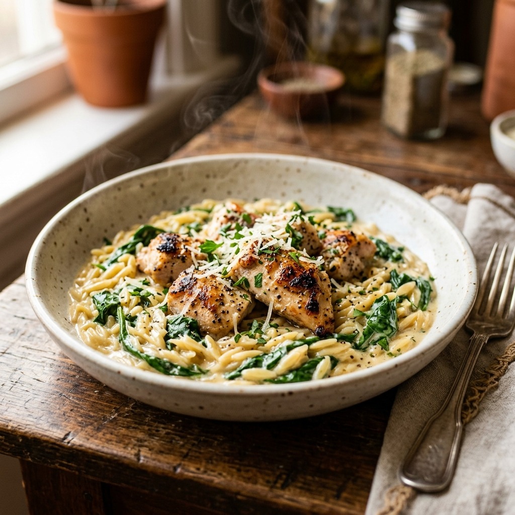 Creamy one-pan chicken spinach orzo in a skillet with tender chicken, wilted baby spinach, and melted Parmesan cheese