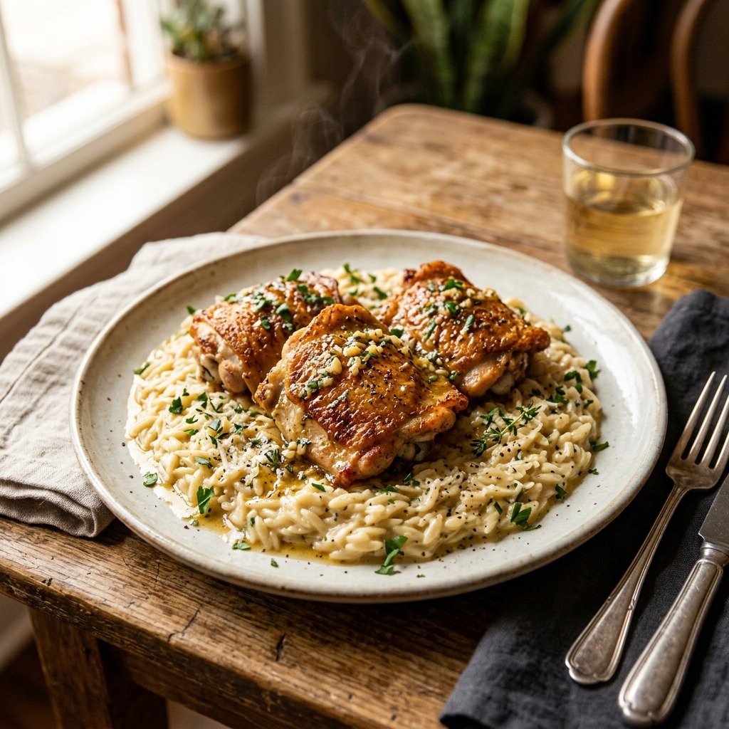 One pan chicken thighs with orzo, golden-seared chicken nestled in creamy herb-infused orzo pasta