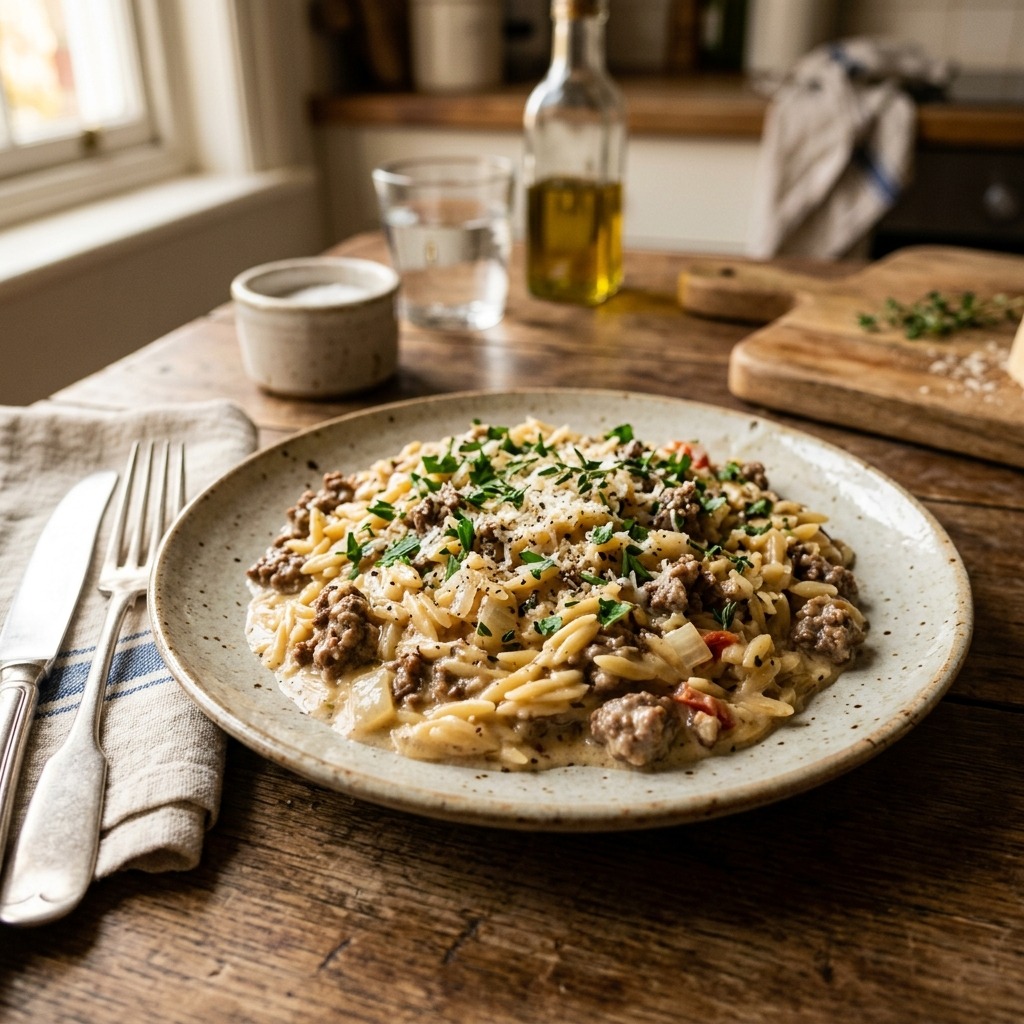 One-pan ground beef orzo with creamy garlic-Parmesan sauce, browned beef, and fresh parsley