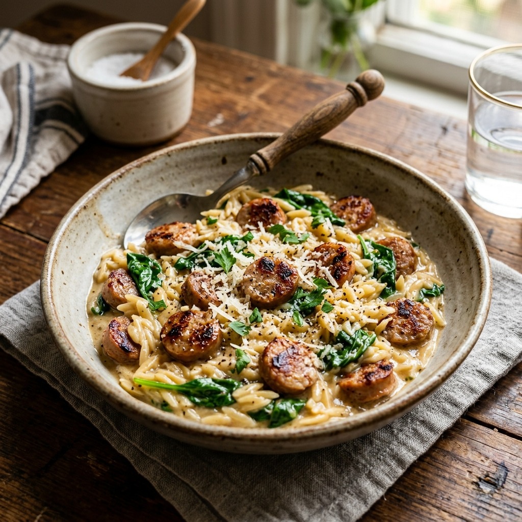 Creamy Italian sausage orzo with browned sausage, spinach, Parmesan, and risotto-like sauce