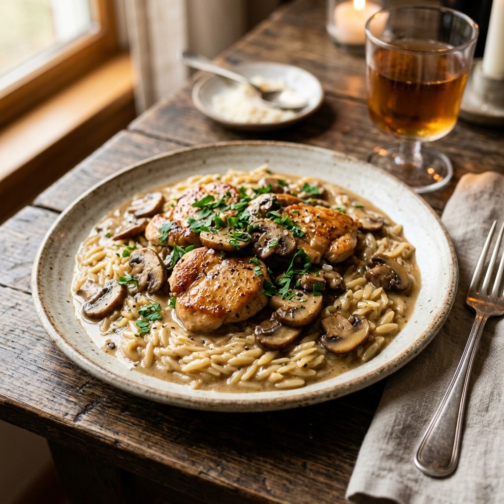 One-pot chicken Marsala orzo in a skillet with seared chicken, buttery mushrooms, creamy Marsala wine sauce, and fresh parsley