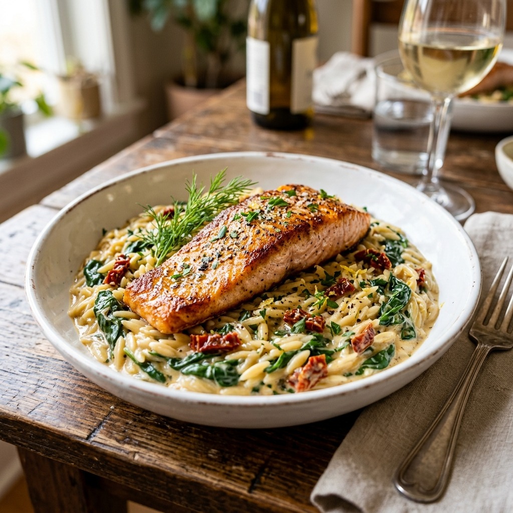 One-pan salmon orzo with flaky salmon, creamy risotto-style orzo, lemon, and herbs