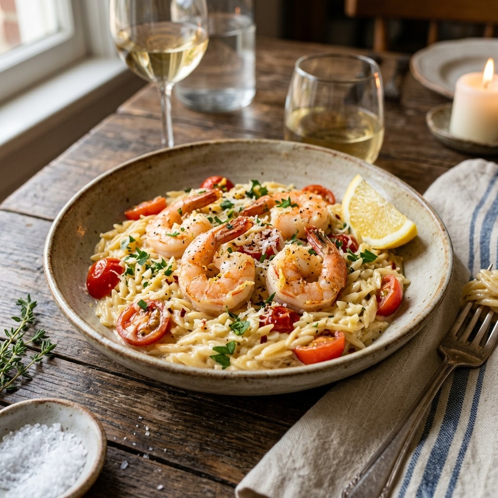 One-pan shrimp orzo with juicy pink shrimp, lemon-bright orzo, cherry tomatoes, and fresh herbs